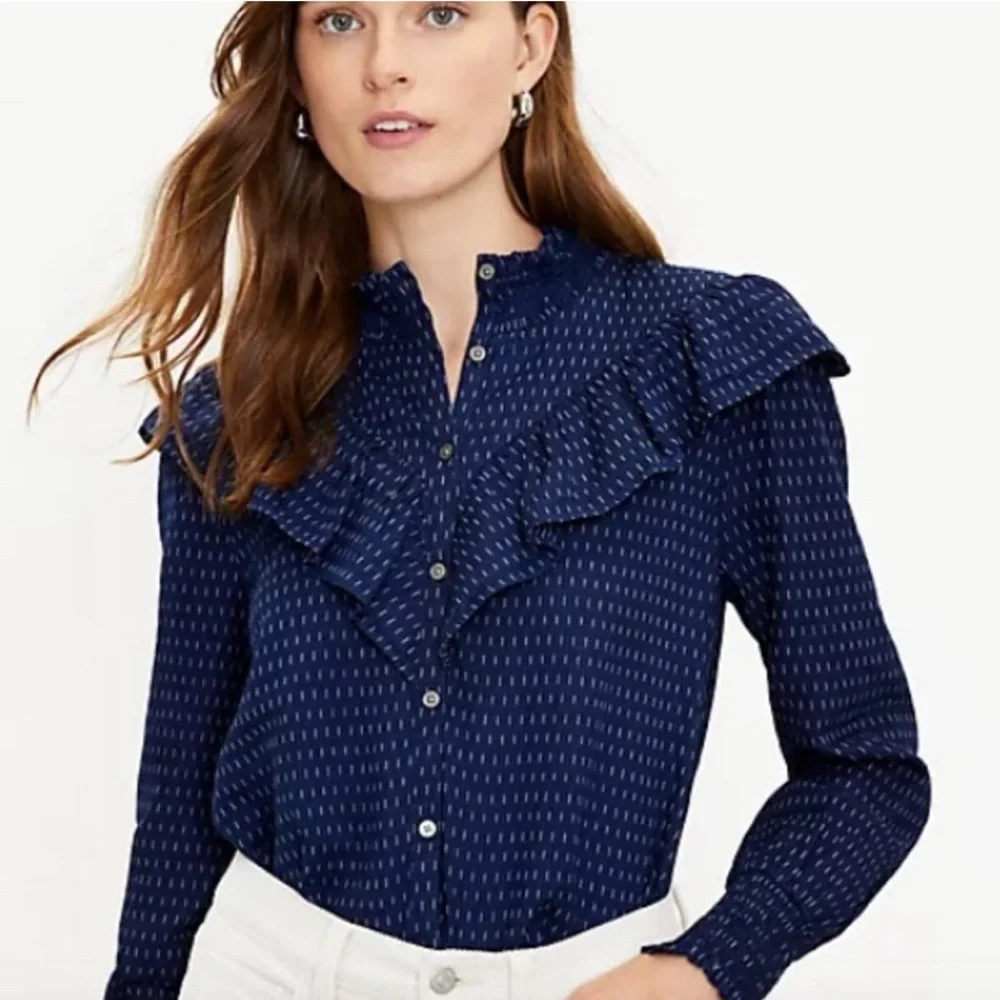 LOFT Dobby Ruffle Prairie Feminine Navy Long Sleeve Buttoned Cotton Blouse Top - Picture 1 of 10